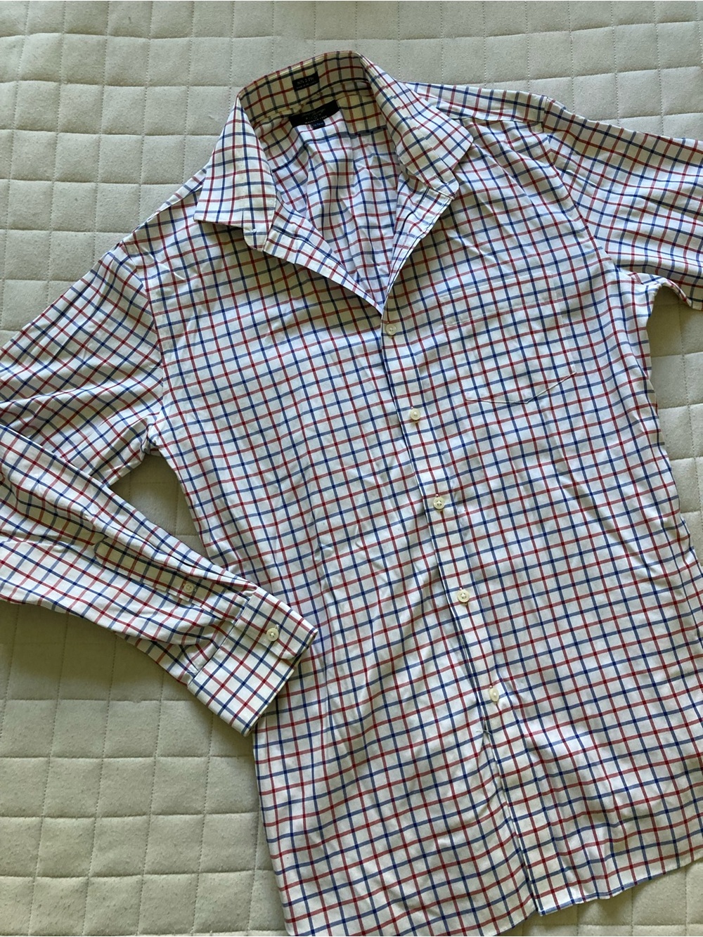 J. Crew Men’s White Button-Down Shirt with Red and Blue Plaid